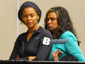 Beyonce Knowles is seen without makeup as she arrives in New Orleans, Louisiana to rehearse for the Super Bowl half-time show. Pictured here with her mother, Tina Knowles.