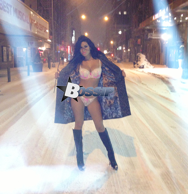 Brazilian model Suelyn Medeiros shows off her body in the blizzard Nemo in NYC