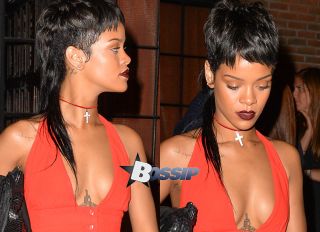 Rihanna seen out in a red dress