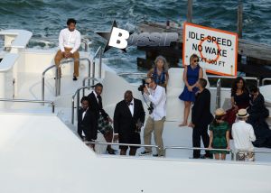 Pharrell Williams and new wife Helen Lasichanh have a family portrait session with Terry Richardson on a yacht called Never Say Never in Miami, Florida. In the evening the newlyweds will celebrate their nuptials at a swanky party at The Kampong National Tropical Botanical Garden in Coconut Grove.
