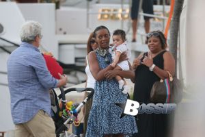Star Wars creator George Lucas showing new baby girl born in august Everest during an escale in Saint Barth with wife Mellody Hobson