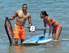 OKC Thunder point guard Russell Westbrook his girlfriend Nina Earl enjoying a day on the beach in Maui, Hawaii on