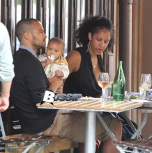 Jesse Williams and his wife Aryn Drake Lee pictured having lunch with their baby daughter Sadie in the MeatPacking area in Downtown, Manhattan.
