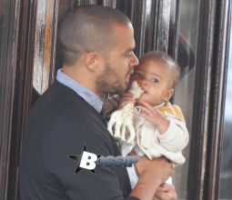 Jesse Williams and his wife Aryn Drake Lee pictured having lunch with their baby daughter Sadie in the MeatPacking area in Downtown, Manhattan.