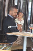 Jesse Williams and his wife Aryn Drake Lee pictured having lunch with their baby daughter Sadie in the MeatPacking area in Downtown, Manhattan.