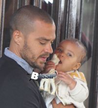 Jesse Williams and his wife Aryn Drake Lee pictured having lunch with their baby daughter Sadie in the MeatPacking area in Downtown, Manhattan.