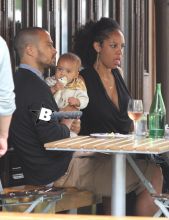 Jesse Williams and his wife Aryn Drake Lee pictured having lunch with their baby daughter Sadie in the MeatPacking area in Downtown, Manhattan.