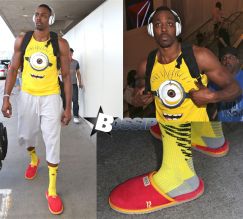 Dwight Howard, wearing a Ugg red slippers and a minion top, at Los Angeles International Airport (