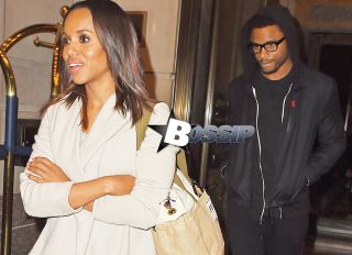 New York, NY - Kerry Washington walks a few steps ahead of her husband Nnamdi, following their new daughter and nanny out of the Ritz Carlton in New York. The actress has been promoting the new season of her hit TV show "Scandal".