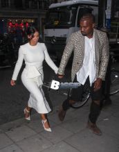 Kim Kardashian and Kanye West go out for a dinner date at Hakkasan Restaurant in Mayfair. West is spotted with an intricately shaved new hairstyle.