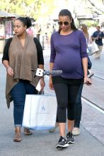 It looks like Zoe Saldana is making sure to stay fit during her pregnancy as she is often seen walking around and it was no different today. The "Book of Life" actress, who is expecting twin boys, went shopping at The Grove this afternoon with her sister Mariel. Reportedly, Zoe is due in about 8-10 weeks.