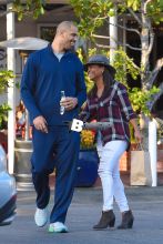 Nia Long and Ime Udoka share a laugh after lunch at Mauro's Cafe Fred Segal in West Hollywood. The happy couple returned to their car with big smiles and shared a laugh together after lunch at the LA eatery.