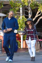 Nia Long and Ime Udoka share a laugh after lunch at Mauro's Cafe Fred Segal in West Hollywood. The happy couple returned to their car with big smiles and shared a laugh together after lunch at the LA eatery.