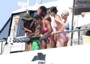 Katy Perry spend the afternoon on Sydney Harbour with her crew on luxury boat in Sydney, Australia. Katy was enjoying the sun in her pink bikini.