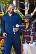 Nia Long and Ime Udoka share a laugh after lunch at Mauro's Cafe Fred Segal in West Hollywood. The happy couple returned to their car with big smiles and shared a laugh together after lunch at the LA eatery.