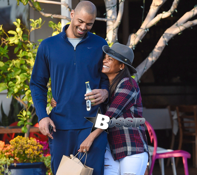Nia Long and Ime Udoka share a laugh after lunch at Mauro's Cafe Fred Segal in West Hollywood. The happy couple returned to their car with big smiles and shared a laugh together after lunch at the LA eatery.