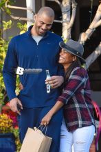 Nia Long and Ime Udoka share a laugh after lunch at Mauro's Cafe Fred Segal in West Hollywood. The happy couple returned to their car with big smiles and shared a laugh together after lunch at the LA eatery.