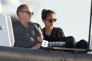 Salma Hayek and husband French billionaire Francois-Henri Pinault along with Valentina Paloma Pinault and their good friend French producer Thomas Langmann enjoy water slide and jet skiing while on vacation onboard a luxury yacht in Saint-Barthelemy,