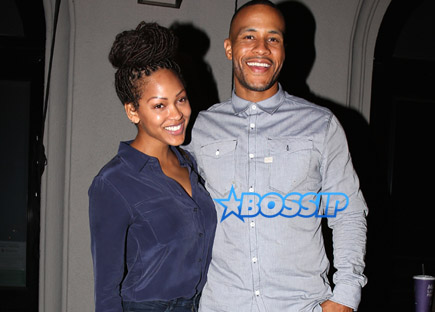 Meagan Good and her husband DeVon Franklin strike a pose for the cameras after dinner with the parents at Craig's Restaurant in West Hollywood. The 33-year-old actress proudly showed off her new box braid hairstyle.