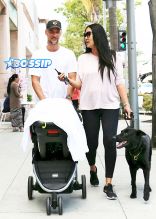 Kimora Lee Simmons husband Tim Leissner baby Wolfe Leissner and dog walking in Beverly Hills stroller
