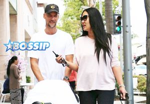 Kimora Lee Simmons husband Tim Leissner baby Wolfe Leissner and dog walking in Beverly Hills stroller