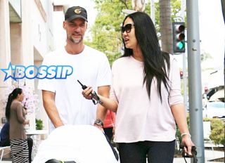 Kimora Lee Simmons husband Tim Leissner baby Wolfe Leissner and dog walking in Beverly Hills stroller