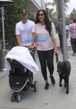 Kimora Lee Simmons husband Tim Leissner baby Wolfe Leissner and dog walking in Beverly Hills stroller