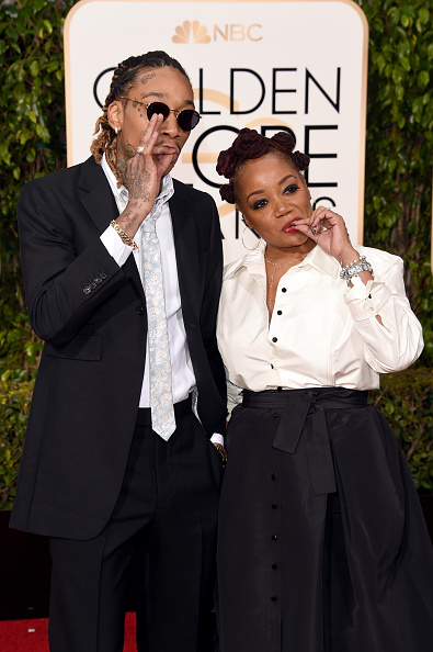 BEVERLY HILLS, CA - JANUARY 10: Rapper Wiz Khalifa and Peachie Wimbush attend the 73rd Annual Golden Globe Awards held at the Beverly Hilton Hotel on January 10, 2016 in Beverly Hills, California. (Photo by Jason Merritt/Getty Images)