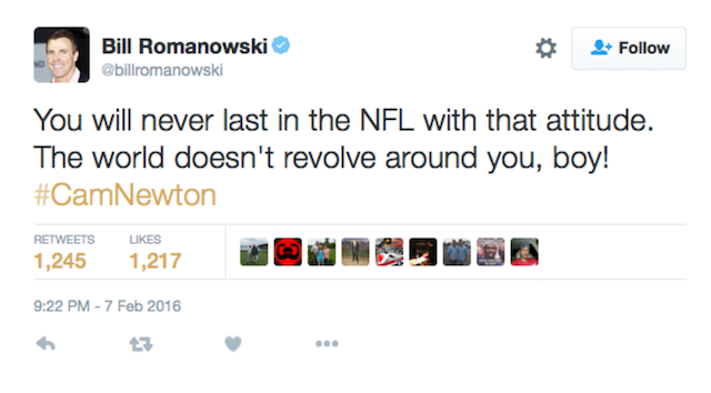 Cam Newton Bill Romanowski racist tweet