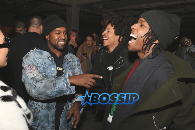 AKM-GSI Kim Kardashian NYFW Cruella De Vil Inspired Fur Coat Black and White Cornrows Cleavage Curtis ASAP Rocky laugh at Kanye