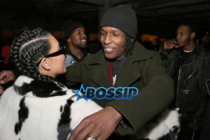 AKM-GSI Kim Kardashian NYFW Cruella De Vil Inspired Fur Coat Black and White Cornrows Cleavage Yeezy Season 2 Asap Rocky hug