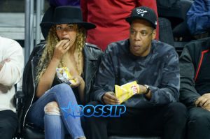 AKM GSI Beyonce Jay Z court side Lays chips Clippers Oklahoma City Thunder game Los Angeles curly hair
