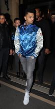 AKM-GSI Singer, Chris Brown, keeps the party going after leaving a party at Plaza Athenee at 2:30 AM with his famous friends, Hailey Baldwin, Kendall Jenner, Josh Peck, and Joan Smalls.