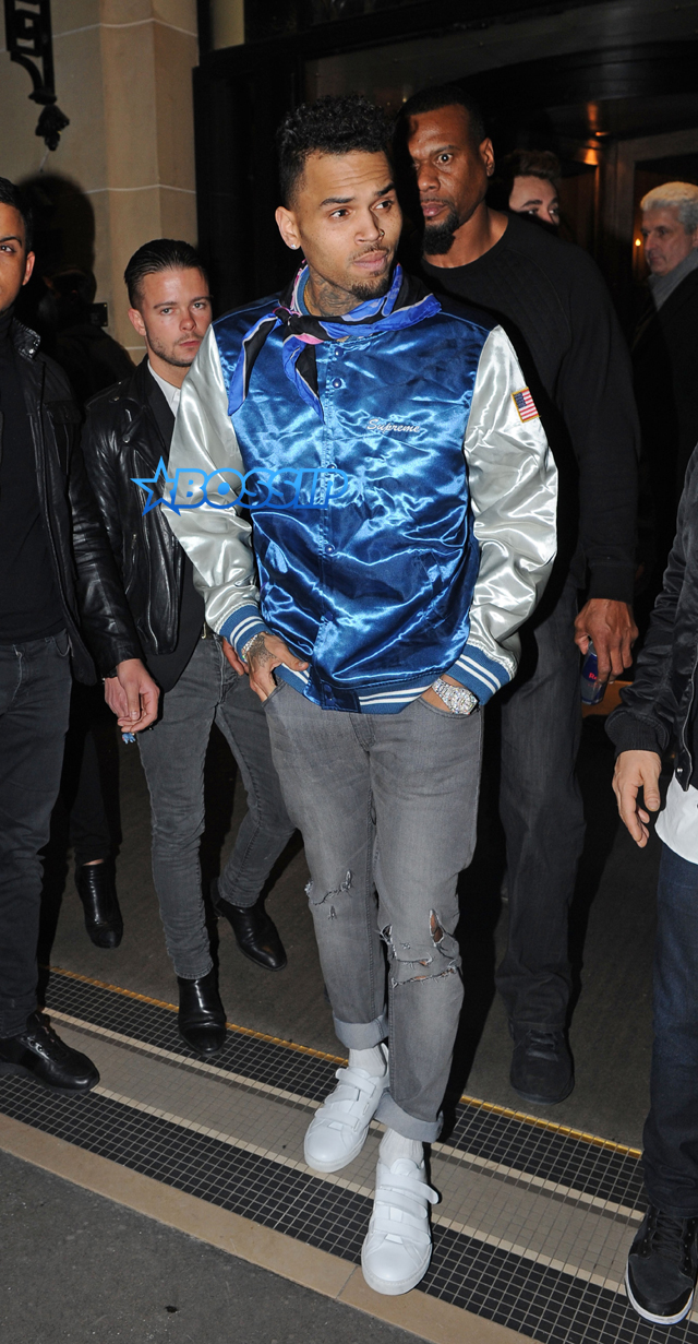 AKM-GSI Singer, Chris Brown, keeps the party going after leaving a party at Plaza Athenee at 2:30 AM with his famous friends, Hailey Baldwin, Kendall Jenner, Josh Peck, and Joan Smalls.