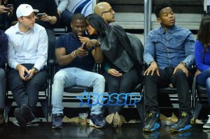 AKM-GSI Kevin Hart Eniko Parrish kiss court side Los Angeles Clippers Oklahoma City Thunder game