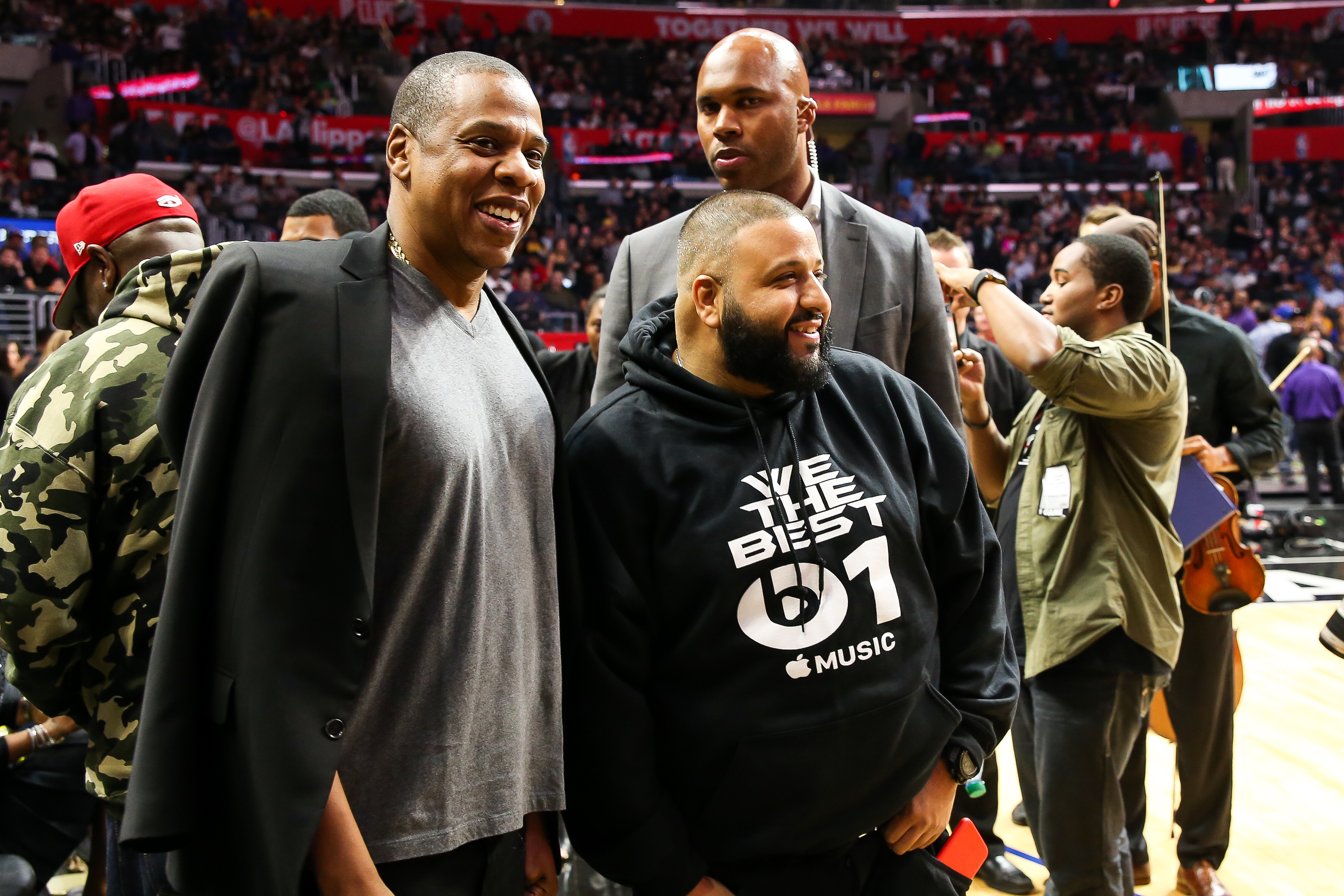 Beyonce and Jay Z attend the LA Clippers vs. Warriors game at Staples Center in Los Angeles Pictured: Jay Z, DJ Khaled Ref: SPL1207117 200216 Picture by: Emmerson / Splash Splash News and Pictures Los Angeles: 310-821-2666 New York: 212-619-2666 London: 870-934-2666 photodesk@splashnews.com 