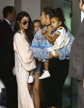 fameflynet Kim Kardashian Kourtney kardashian kanye west penelope disick north west lunch in miami private jet home