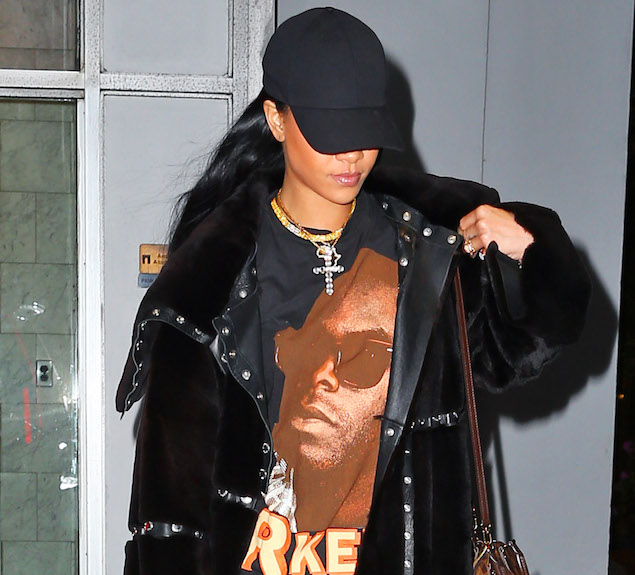 Rihanna goes to the dentist in NYC wearing fuzzy coat, red leather pants and an oversized shirt