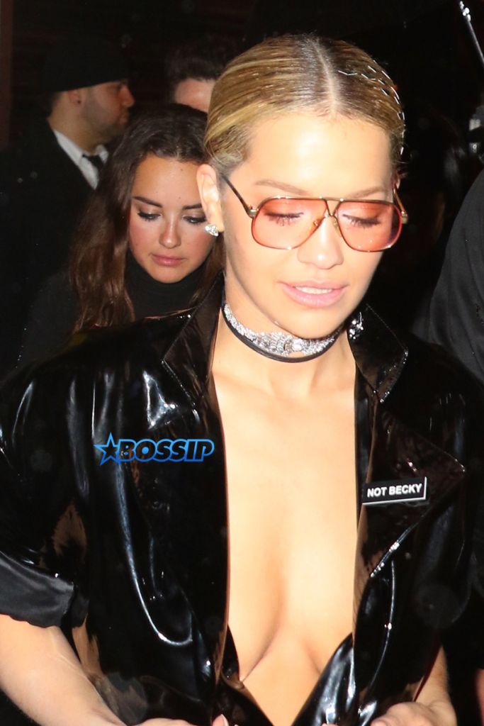AKM-GSI Rita Ora wore a black latex dress with a Not Becky pin to Met Gala Afterparty