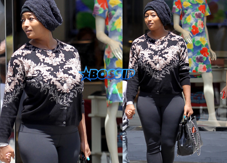 Model Toccara Jones boy Beverly Hills, California on May 26, 2016. black hat, black top leggings Toms shoes. FameFlynet