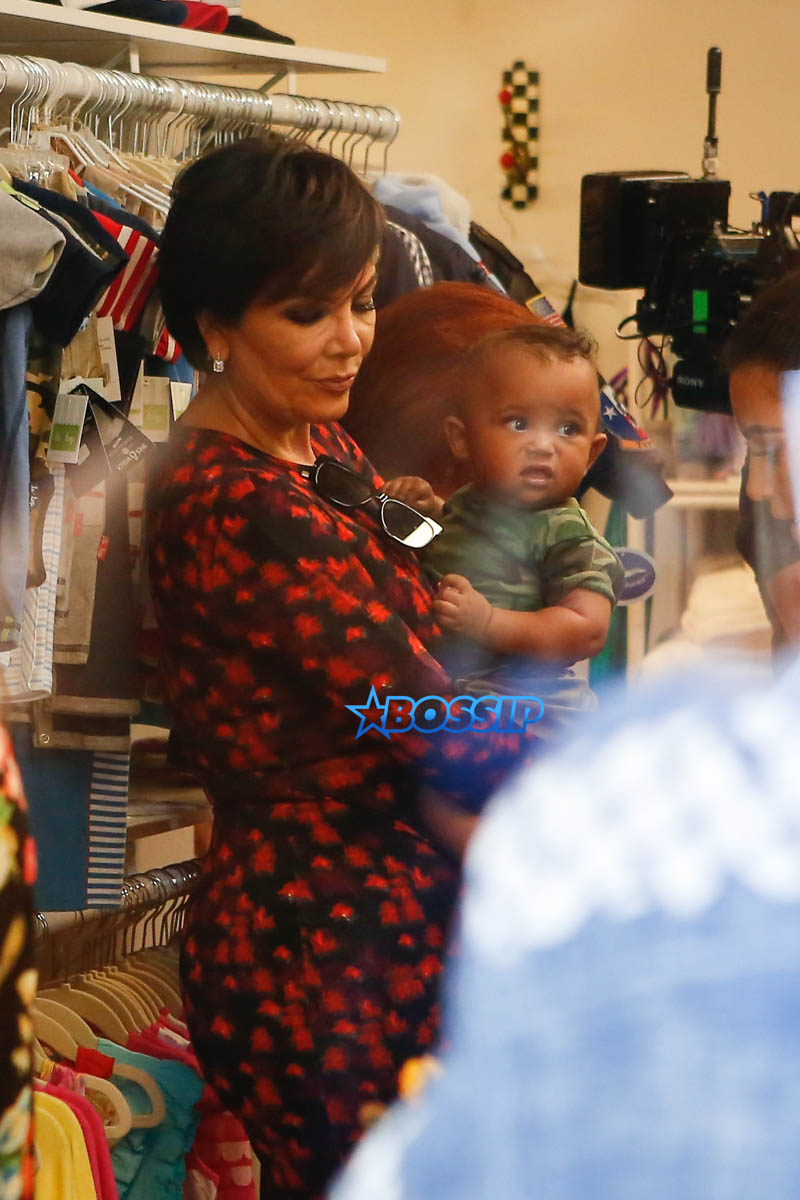 Kim, Kourtney and Khloe Kardashian attend their grandmother Mary Jo Campbell's store opening in San Diego with mother Kris Jenner, Corey Gamble, Scott Disick and their children. Kim carried little Saint as Khloe walked with Nori, Mason and Penelope.   AKM-GSI 