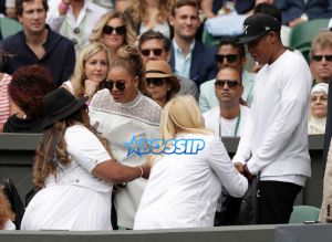 Singer Beyonce, Jay Z, women's singles final Serena Williams Angelique Kerber day thirteen of the Wimbledon Tennis Championships in London, Saturday, July 9, 2016. (Adam Davy/Pool Photo via AP)