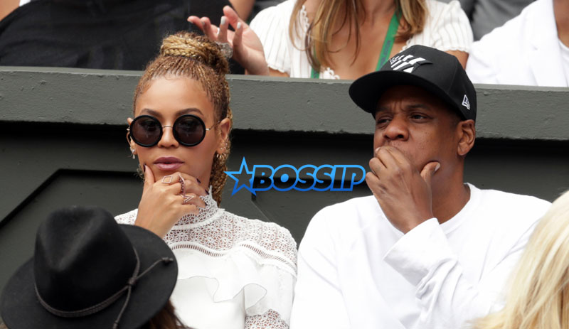 Singer Beyonce and her husband, rapper Jay Z watch Serena Williams of the U.S play Angelique Kerber of Germany in the women's singles final on day thirteen of the Wimbledon Tennis Championships in London, Saturday, July 9, 2016. (Adam Davy/Pool Photo via AP)