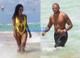 Dallas Cowboys Orlando Scandrick fiance Draya Michele in Miami Beach, FL. cutout bright yellow swimsuit SplashNEws