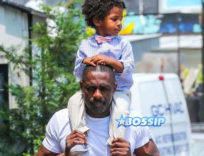 Actor Idris Elba son Winston friend in New York City, New York on July 6, 2016. Winston daddy ride on his shoulders. FameFlynet