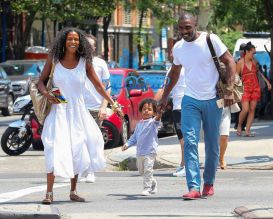 Actor Idris Elba son Winston friend in New York City, New York on July 6, 2016. Winston daddy ride on his shoulders. FameFlynet