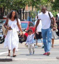 Actor Idris Elba son Winston friend in New York City, New York on July 6, 2016. Winston daddy ride on his shoulders. FameFlynet