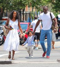 Actor Idris Elba son Winston friend in New York City, New York on July 6, 2016. Winston daddy ride on his shoulders. FameFlynet