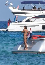 Saint-Tropez, France - basketball player Golden State Warriors, Stephen Curry, wife Ayesha St. Tropez. Beach Boat Swim Bikini Coverup Sunglasses Givenchy Slides FlipFlops AKM-GSI