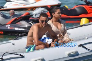 Saint-Tropez, France - basketball player Golden State Warriors, Stephen Curry, wife Ayesha St. Tropez. Beach Boat Swim Bikini Coverup Sunglasses Givenchy Slides FlipFlops AKM-GSI